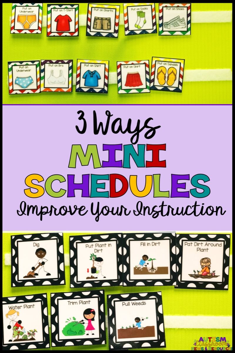 Mini schedules are not only a best practice for individuals with autism and other disabilities, but they can make your instruction more efficient and effective. Here are three ways I use them to improve student learning. a picture of a dressing mini schedule and a gardening mini schedule with title 3 Ways Mini Schedules Improve Your Instruction