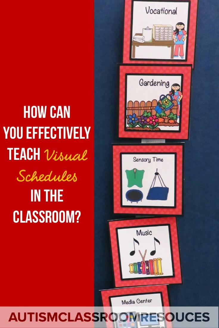 How do you teach visual schedules in your special education classroom or to students with autism in general education? The way schedules are sometimes presented, they sound like magical fairy wands that will solve all your problems in your classroom, right? Wrong! Just like everything from math to behavior, schedules require us to teach the students to use them too. Students don’t come pre-programmed to use them. Find out tips for how to teach them effectively in your classroom. #visualschedules #activityschedules #visuals #visualscheduleautism #autismschedule #visualsautism #teachvisuals How do you teach visual schedules in your special education classroom or to students with autism in general education? The way schedules are sometimes presented, they sound like magical fairy wands that will solve all your problems in your classroom, right? Wrong! Just like everything from math to behavior, schedules require us to teach the students to use them too. Students don’t come pre-programmed to use them. Find out tips for how to teach them effectively in your classroom. #visualschedules #activityschedules #visuals #visualscheduleautism #autismschedule #visualsautism #teachvisuals