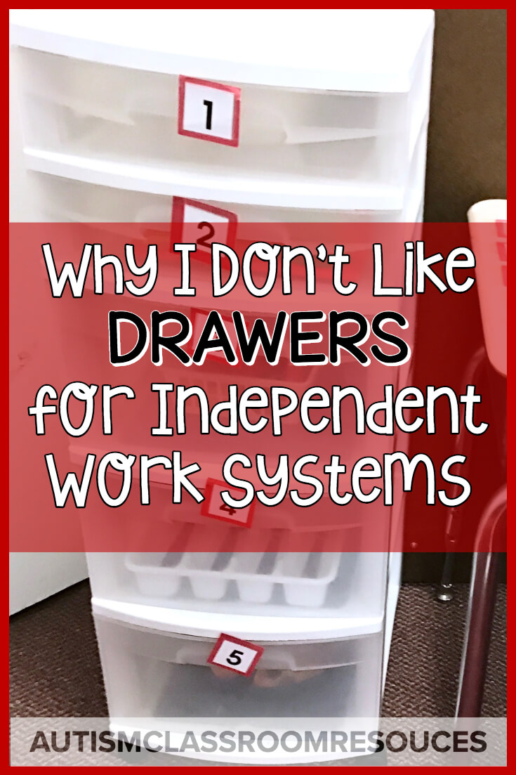 I know that lots of teachers use drawers for independent work systems and sometimes they work fine. I've found them limiting in teaching students in special education to work independently. I'm sharing why in this post. I know that lots of teachers use drawers for independent work systems and sometimes they work fine. I've found them limiting in teaching students in special education to work independently. I'm sharing why in this post.