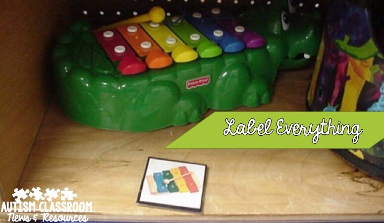 Labeling cabinets or shelves with the picture helps even younger students put their own things away. Click for more ideas for special education classroom materials organization.