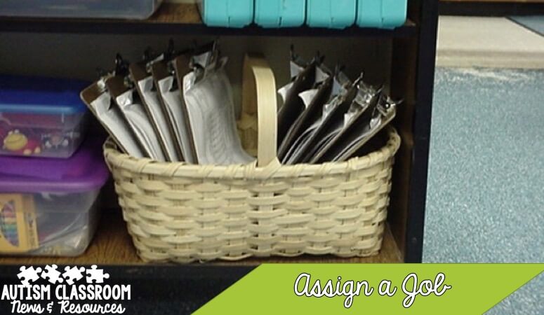 Organizing classroom materials in a special education classroom is a challenge. Try assigning jobs to students to bring materials to an area. One of many tips in organizing materials.