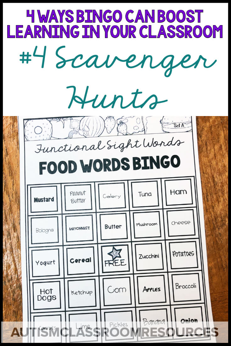 Scavenger hunts can be a great way to practice reading functional sight words and demonstrate comprehension. BINGO games can be adapted easily to create them 4 easy ways. Find out how and more ways you can use BINGO materials in your classroom in this post. Scavenger hunts can be a great way to practice reading functional sight words and demonstrate comprehension. BINGO games can be adapted easily to create them 4 easy ways. Find out how and more ways you can use BINGO materials in your classroom in this post.