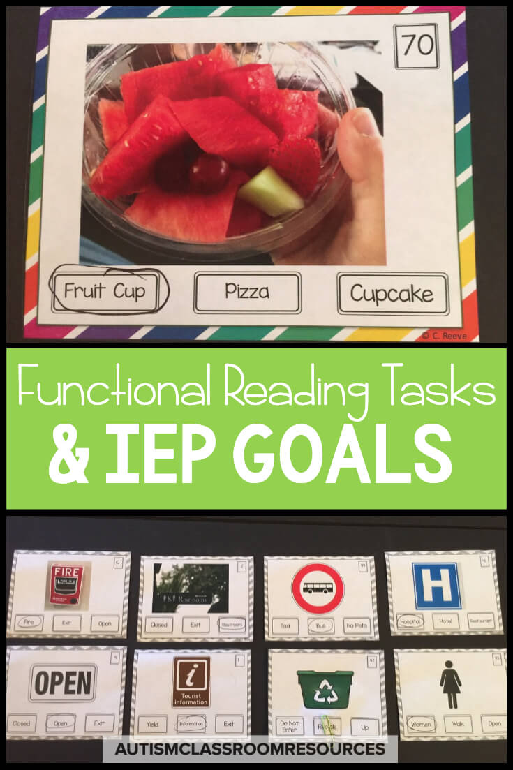 Using environmental print to navigate the world and interact with others is a critical life skill. Sometimes it's easy to get stuck on the IEP goals and how to write them effectively. This post talks about how to teach meaningful, practical and functional sight words to students with all types of disabilities. It also provides you with IEP goals that you can think about and modify as needed for your students. Finally it points you in the direction of ready-made resources you can use for that instruction in your special ed classroom. Using environmental print to navigate the world and interact with others is a critical life skill. Sometimes it's easy to get stuck on the IEP goals and how to write them effectively. This post talks about how to teach meaningful, practical and functional sight words to students with all types of disabilities. It also provides you with IEP goals that you can think about and modify as needed for your students. Finally it points you in the direction of ready-made resources you can use for that instruction in your special ed classroom.