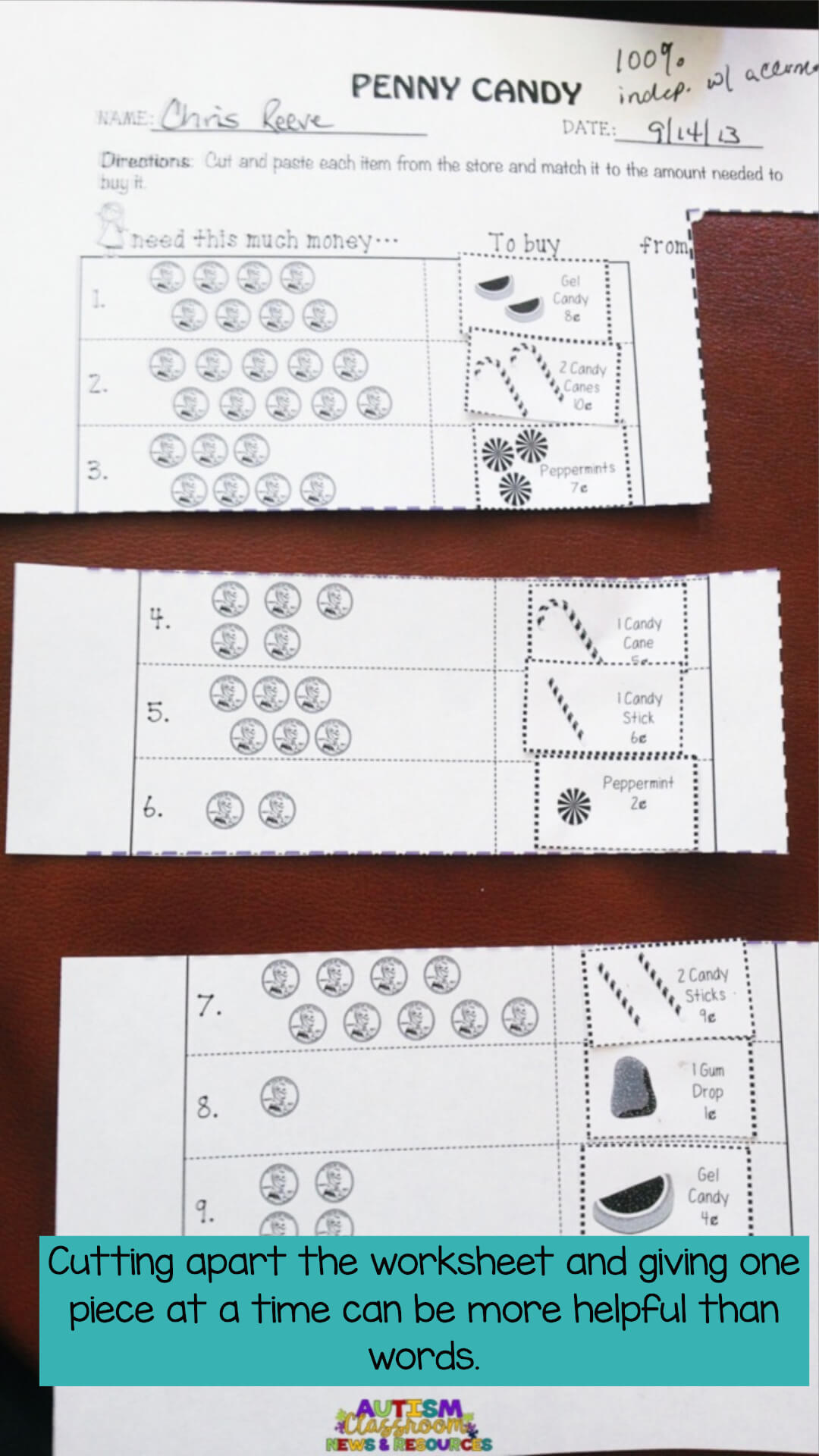 For students struggling with anxiety about their work, just telling them to do part of the worksheet is just as overwhelming. When they sit down and see all the problems to do, it may trigger an anxiety attack that ends in a meltdown. Instead, think about cutting the worksheet apart and presenting it to them one piece at a time. Then it seems more manageable and may prevent problem behavior. For more strategies for reducing students' anxiety check out this post. #pbis #anxiety For students struggling with anxiety about their work, just telling them to do part of the worksheet is just as overwhelming. When they sit down and see all the problems to do, it may trigger an anxiety attack that ends in a meltdown. Instead, think about cutting the worksheet apart and presenting it to them one piece at a time. Then it seems more manageable and may prevent problem behavior. For more strategies for reducing students' anxiety check out this post. #pbis #anxiety