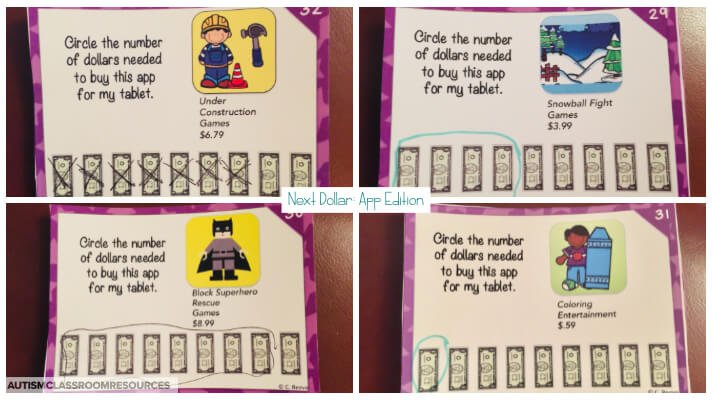 How Many Dollar task cards designed to have students use next dollar up to determine if they can purchase apps. Motivating and functional is always a killer combination. Perfect for life skills classrooms. This blogger is sharing more tips and ideas on teaching next dollar in this post.