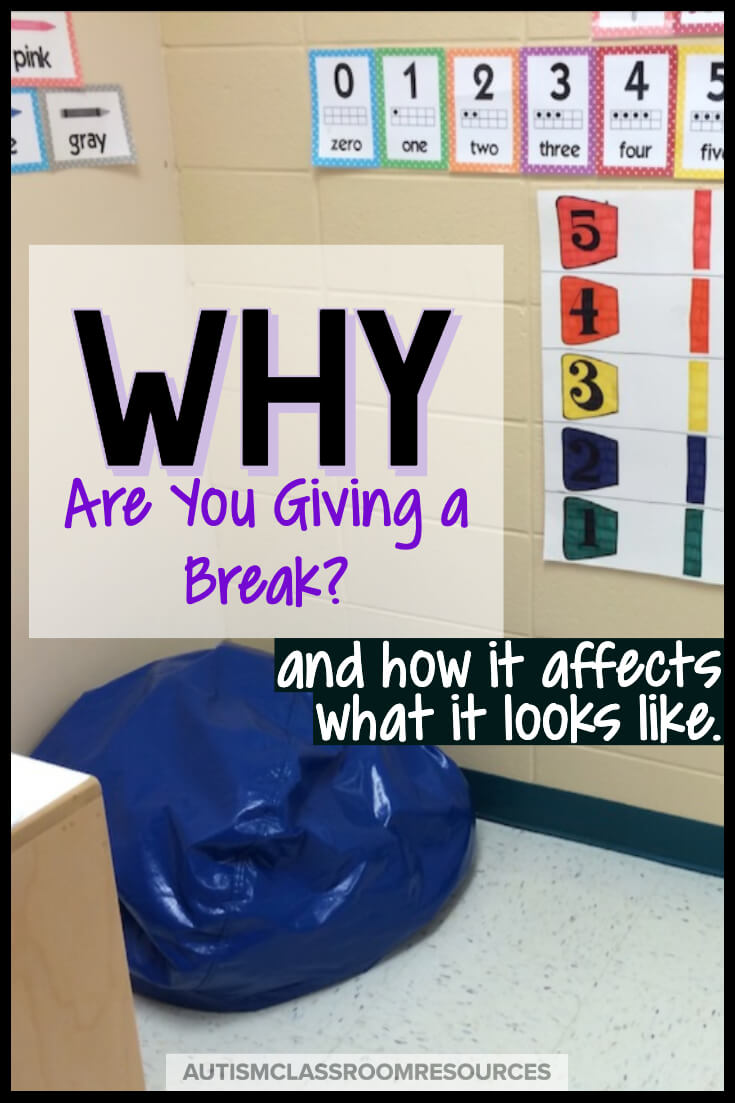 As special education teachers we sometimes think that students with autism automatically will need breaks in their day. And some will. But like everything else in autism and special ed., one size break doesn't fit all. Click through to learn how to tailor students' breaks to the function of the break itself. #behaviormanagement #pbis #autism #specialeducation As special education teachers we sometimes think that students with autism automatically will need breaks in their day. And some will. But like everything else in autism and special ed., one size break doesn't fit all. Click through to learn how to tailor students' breaks to the function of the break itself. #behaviormanagement #pbis #autism #specialeducation